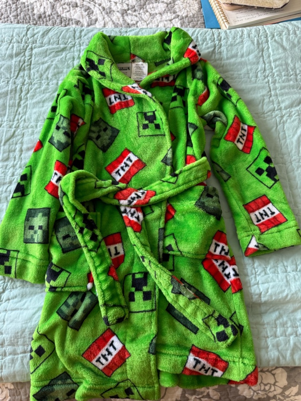 Kids Green Minecraft Fleece Robe with Creeper & TNT Pattern